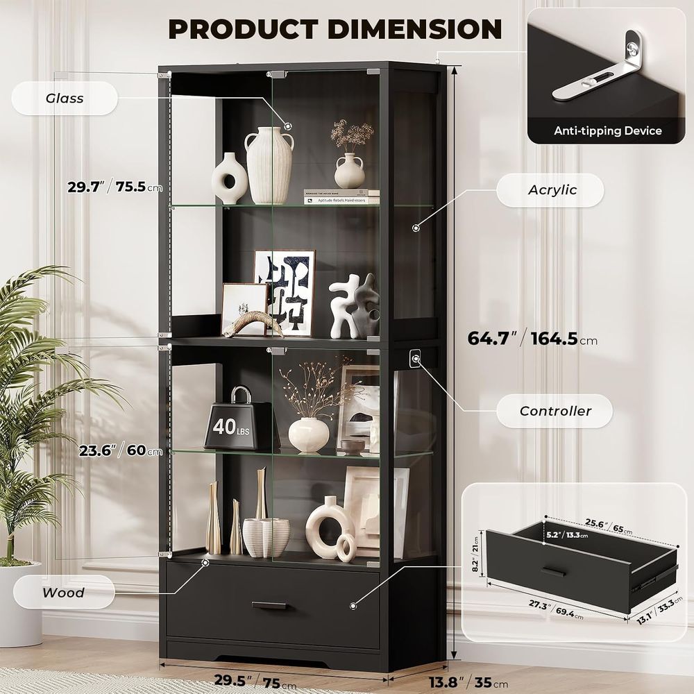 조절 가능한 선반이 있는 4단 유리 장식장, 3색 조명 - Lighting & Home Decor Studio 리뷰 및 가격
